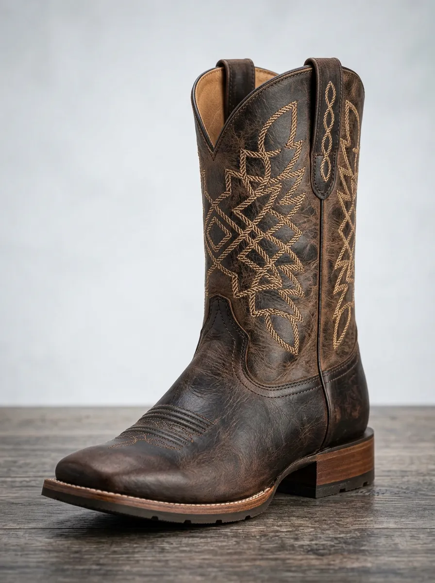 Men's Western Tonal-Stitch Square-Toe Mid-Calf Pull-Tab Vamp-Stitch Cowboy Boots