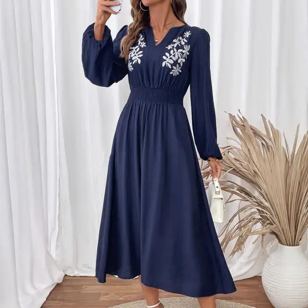 Women's V-Neck Embroidered Floral Midi Dress