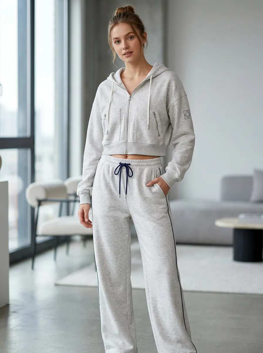 Women's Minimalist Geometric Logo Printed Zip-up Hoodie Jogger Set