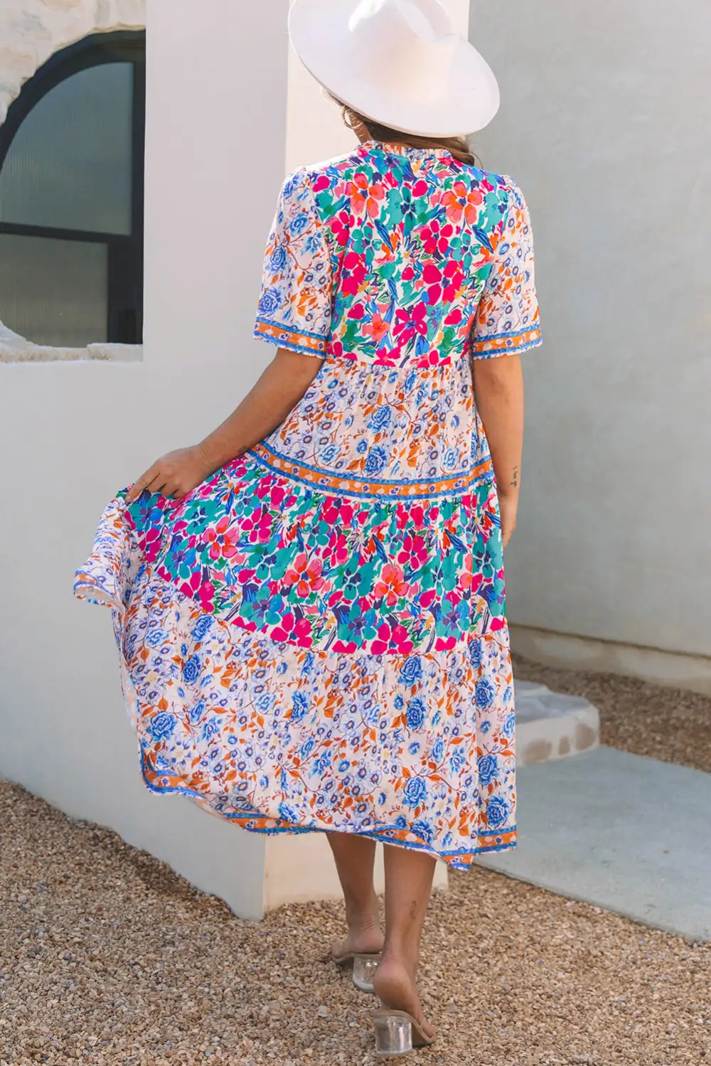 Sky Mixed Print Tie Split Neck Short Sleeve Dress