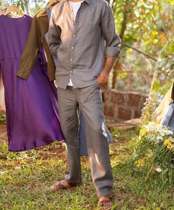 Slate Gray Minimal Linen Button-Up Shirt