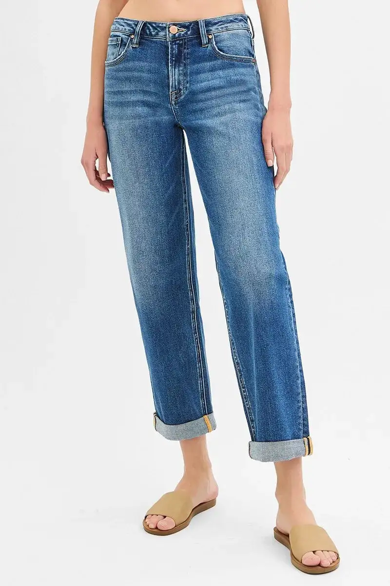 Mid-Rise Straight-Leg Boyfriend-Fit Cuffed Denim Jeans