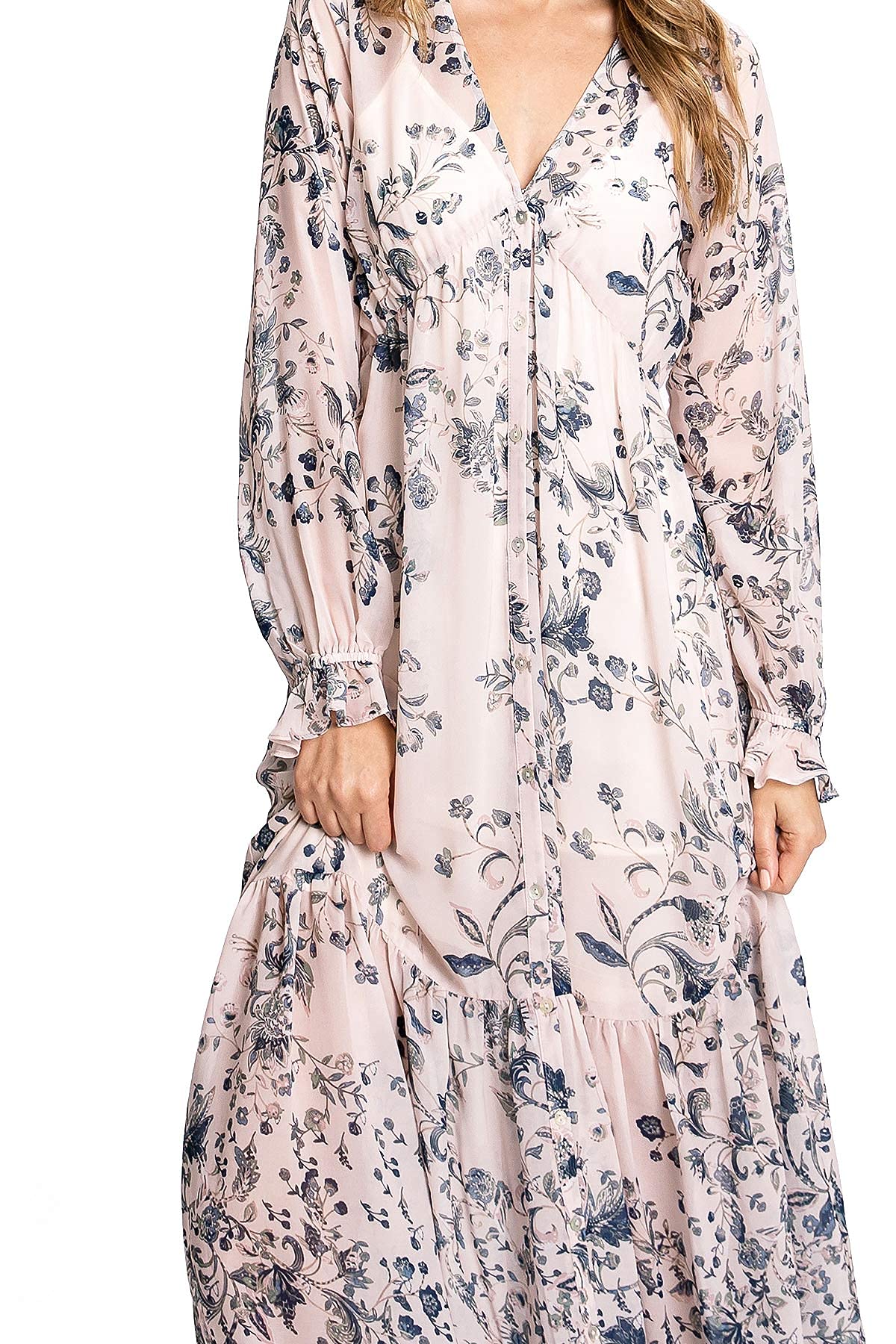 Light Pink Floral Print Long - Sleeve Maxi Dress