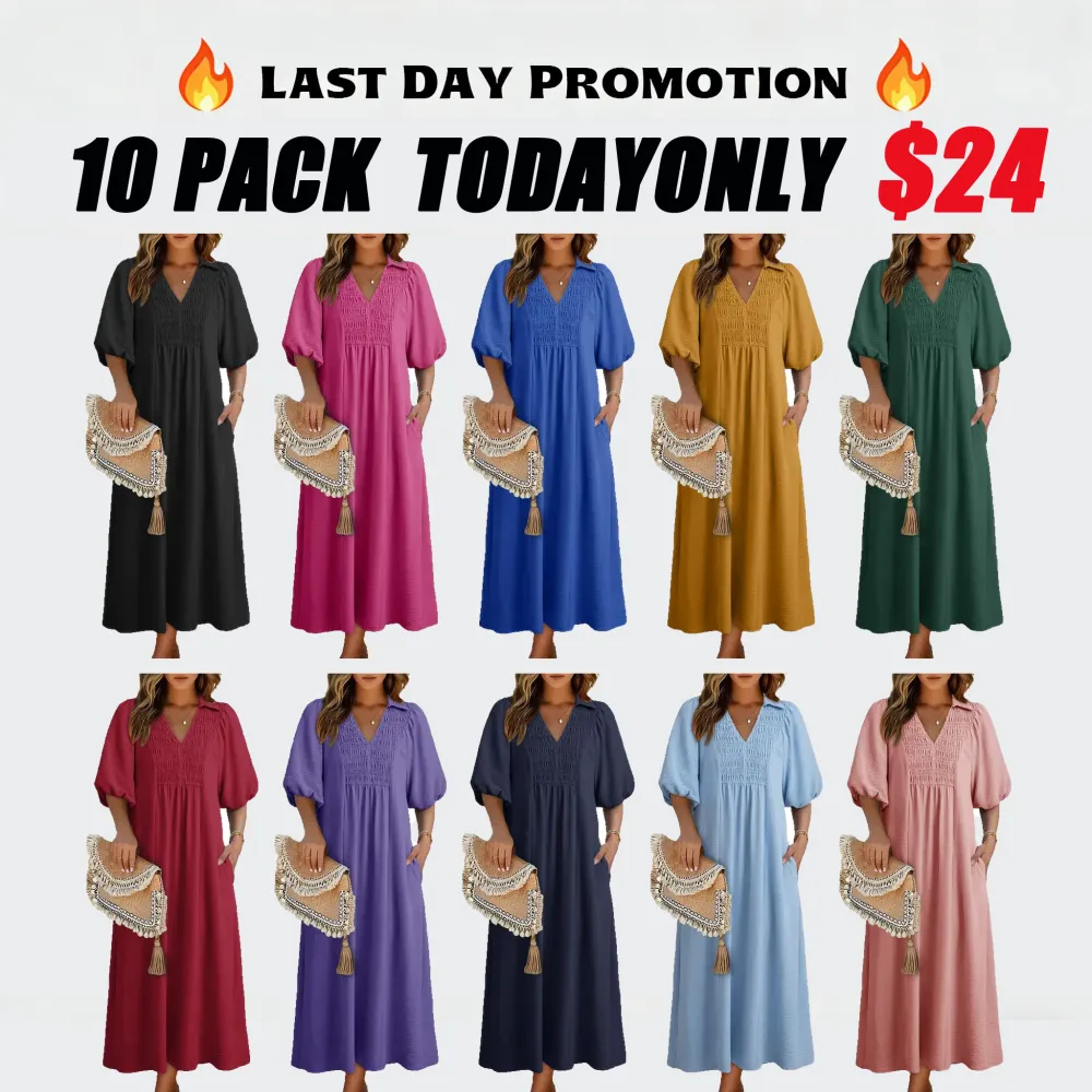 Casual V-neck puff-sleeve high-waist A-line long summer dress