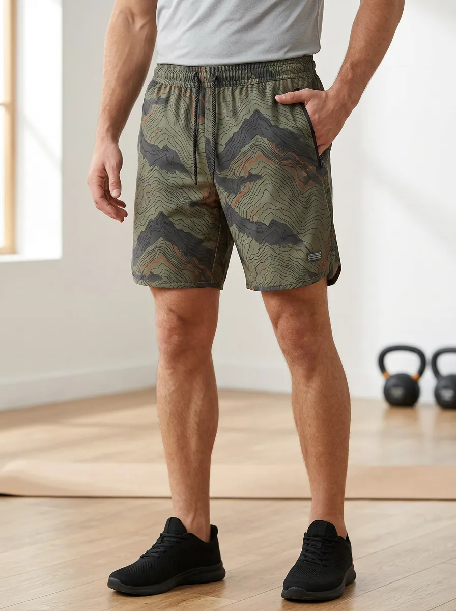 Men's Olive Topographic Print Athletic Shorts Drawstring