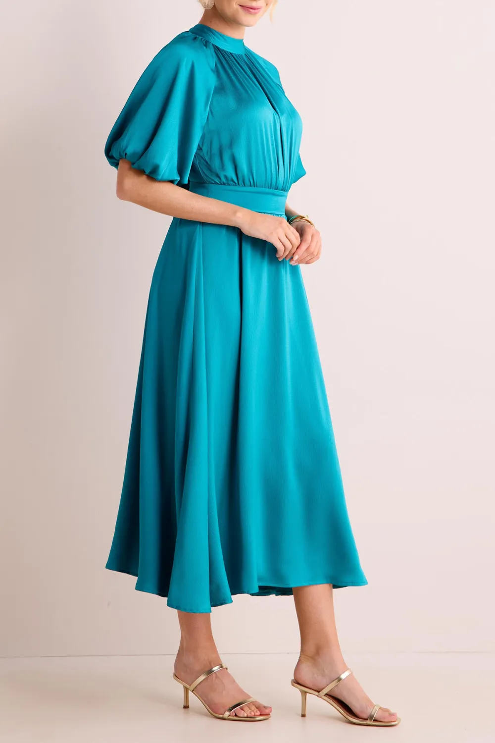 Turquoise Short Sleeve Tie-Waist Midi Dress