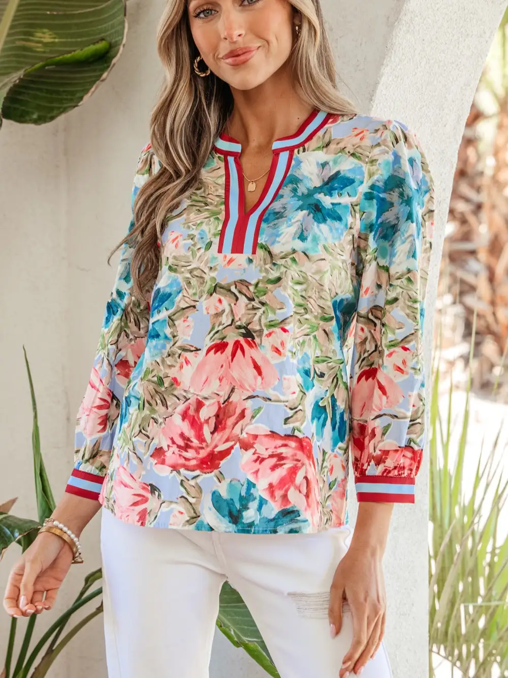 Contrast Trim V Neck Cuffed Bracelet Sleeve Blouse