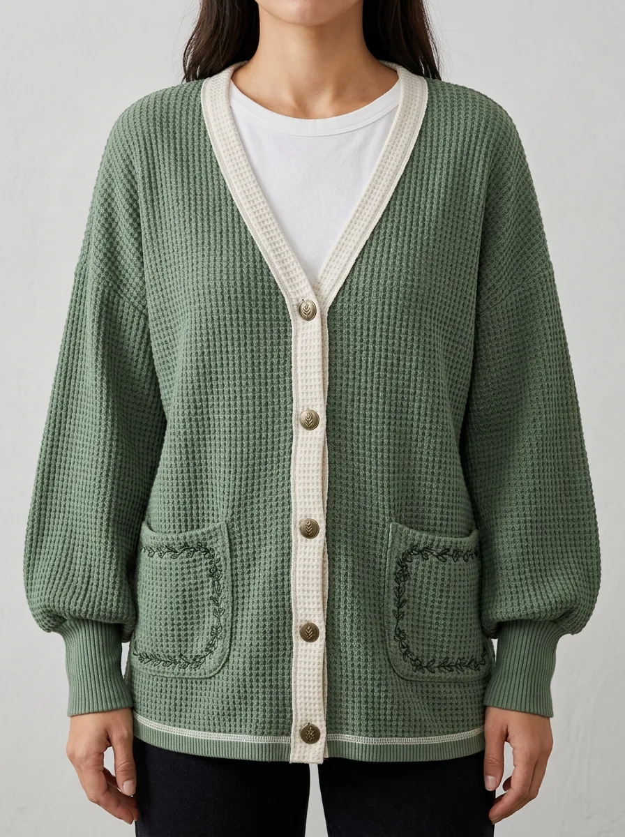 Women's Floral Embroidered Pocket Waffle Knit Cardigan