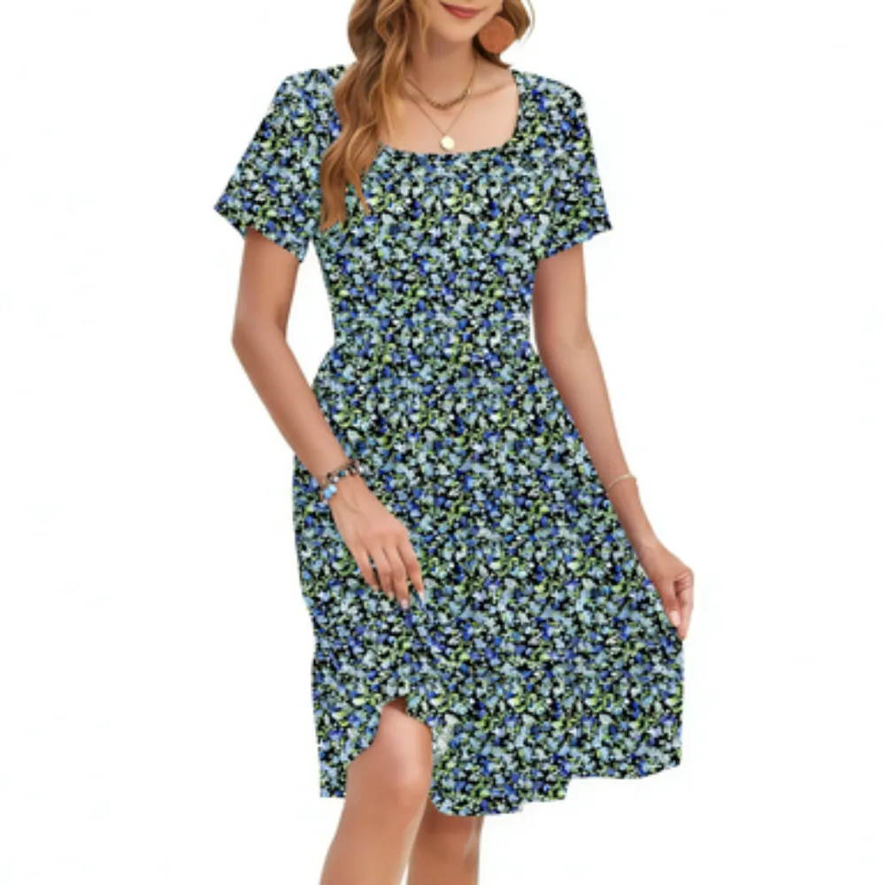 Women Square Neck Ditsy Floral Dress, Ruffle Empire Waist A-Line Sundress With Pockets