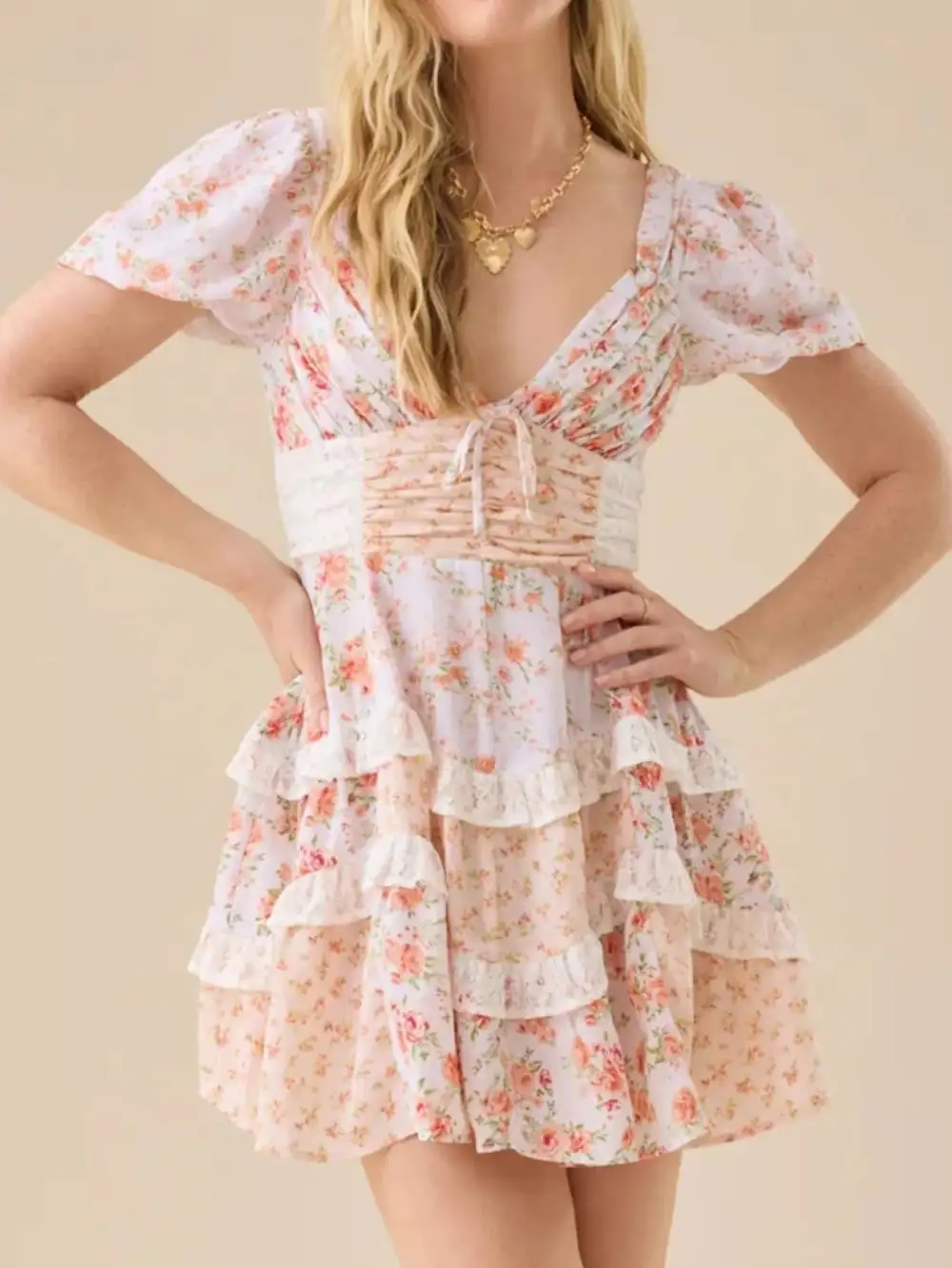 Puff Sleeve Tiered Floral Mini Dress