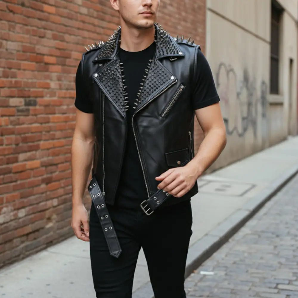 Relaxed Leather Biker Motorcycle Studded Jacket