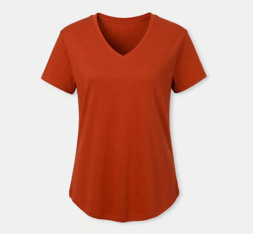 Women's Casual V-Neck Solid Color T-Shirt with Curved Hem
