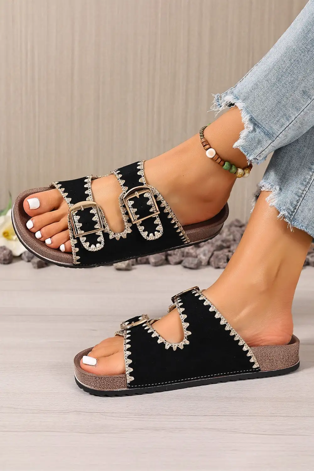 Embroidered Trim Buckle Flat Sandals