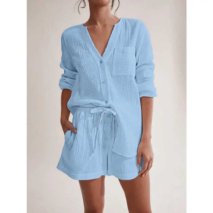 Relaxed Notched Long Sleeve Top and Shorts Set