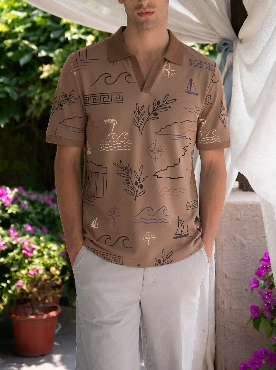 Men's Mediterranean Nautical Olive Branch Printed Polo Shirt