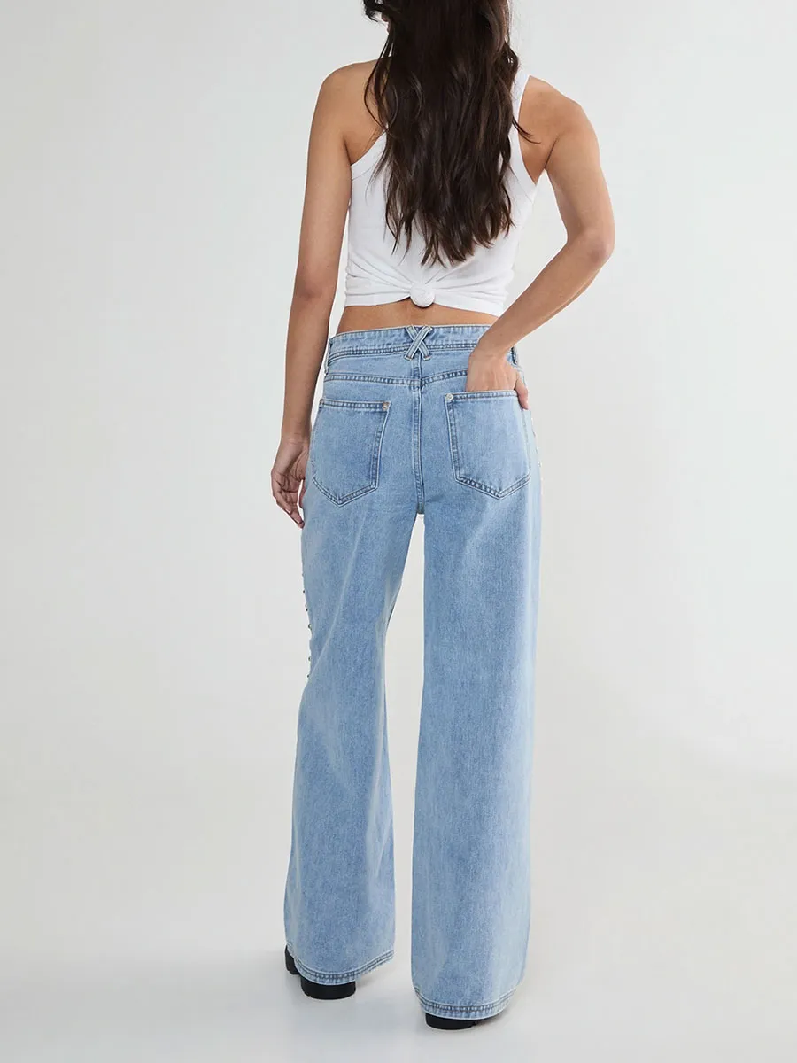 Women's Stylish Metal Stud Decoration Light Blue Wide-Leg Pants