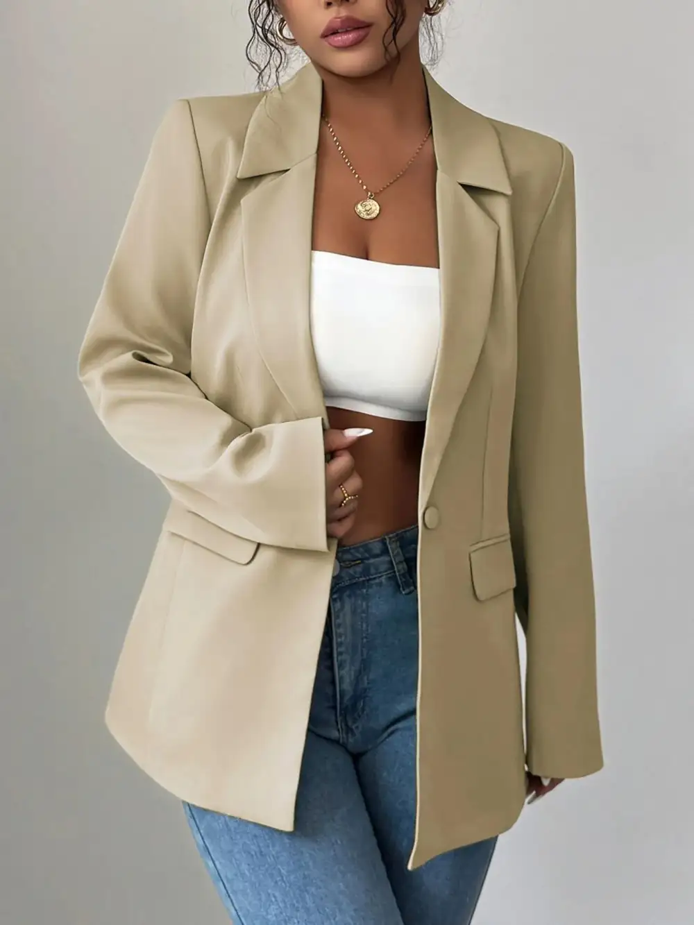 Streamlined Single-Button Lapel-Collar Blazer