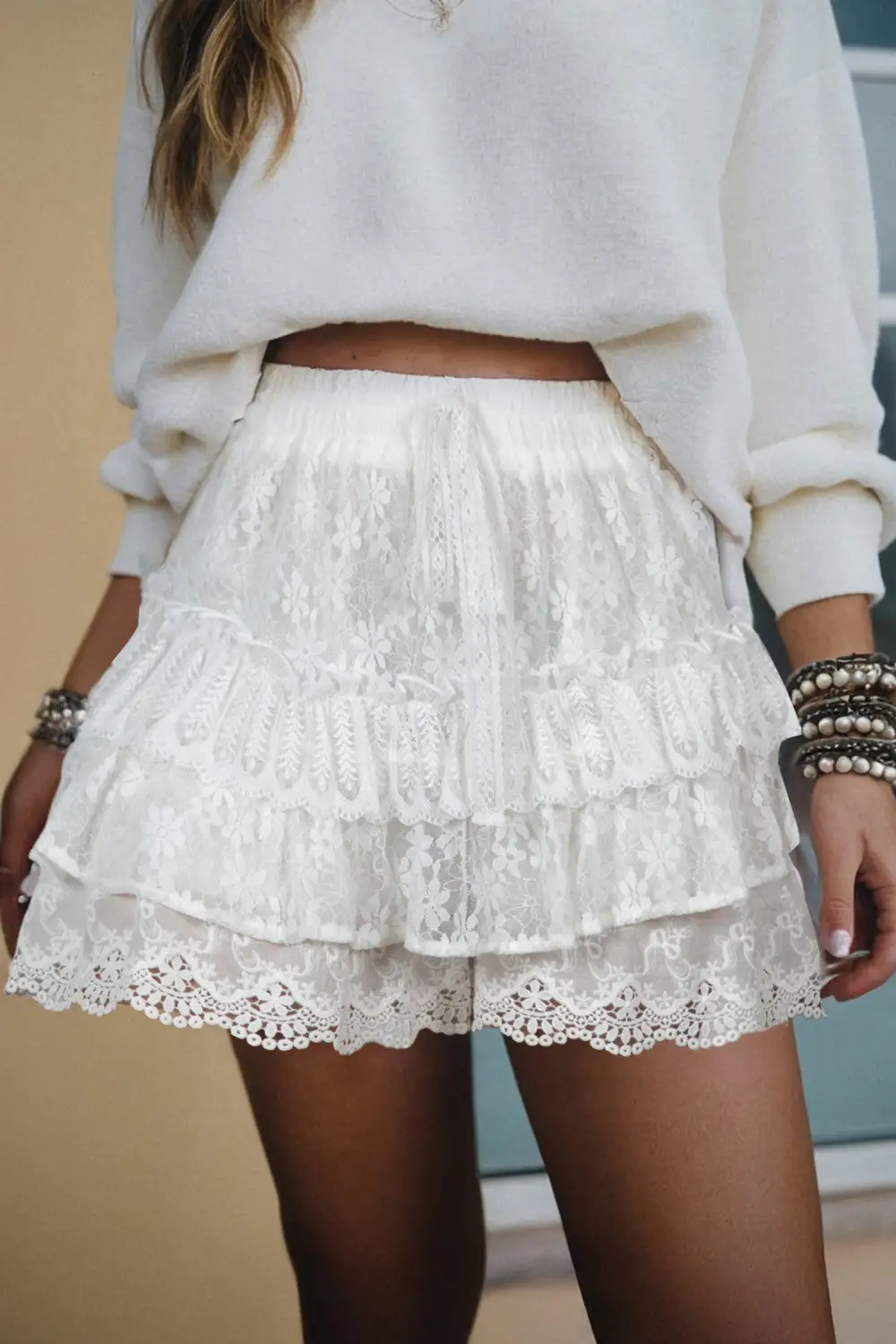 Lace Ruffled Tiered Drawstring Shorts