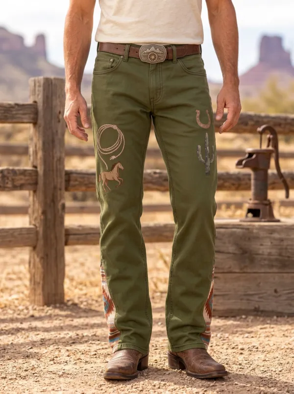 Men's Western Cowboy Horse Cactus Horseshoe Printed Jeans