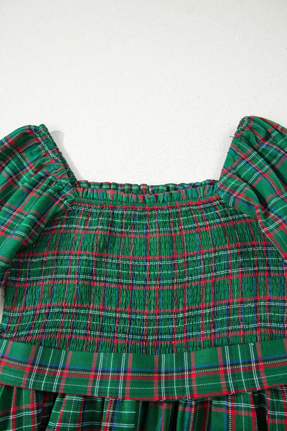 Finish Plaid Square Neck Puff Sleeve Midi Dress