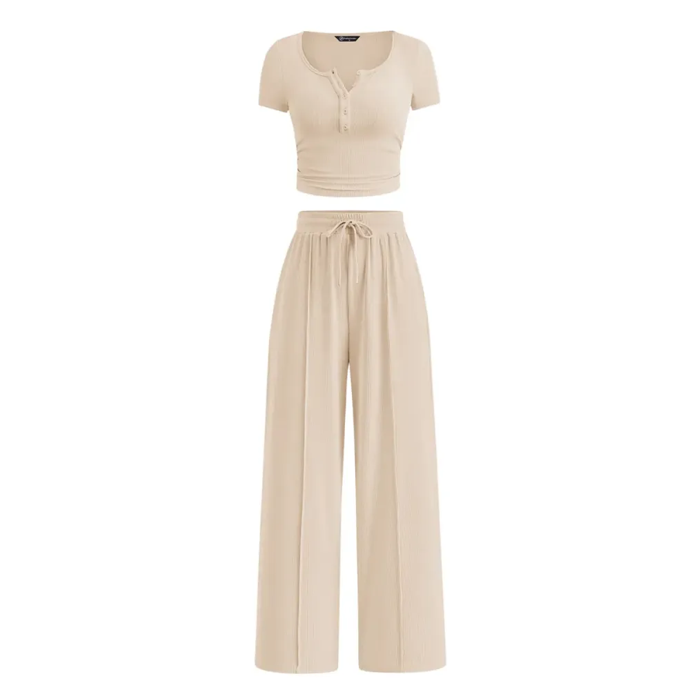 Women's two-piece summer ribbed knit button short-sleeve crop top and wide-leg pants