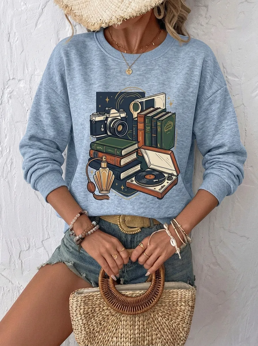 Women's Retro Aesthetic Book Camera Record Player Printed Sweatshirt