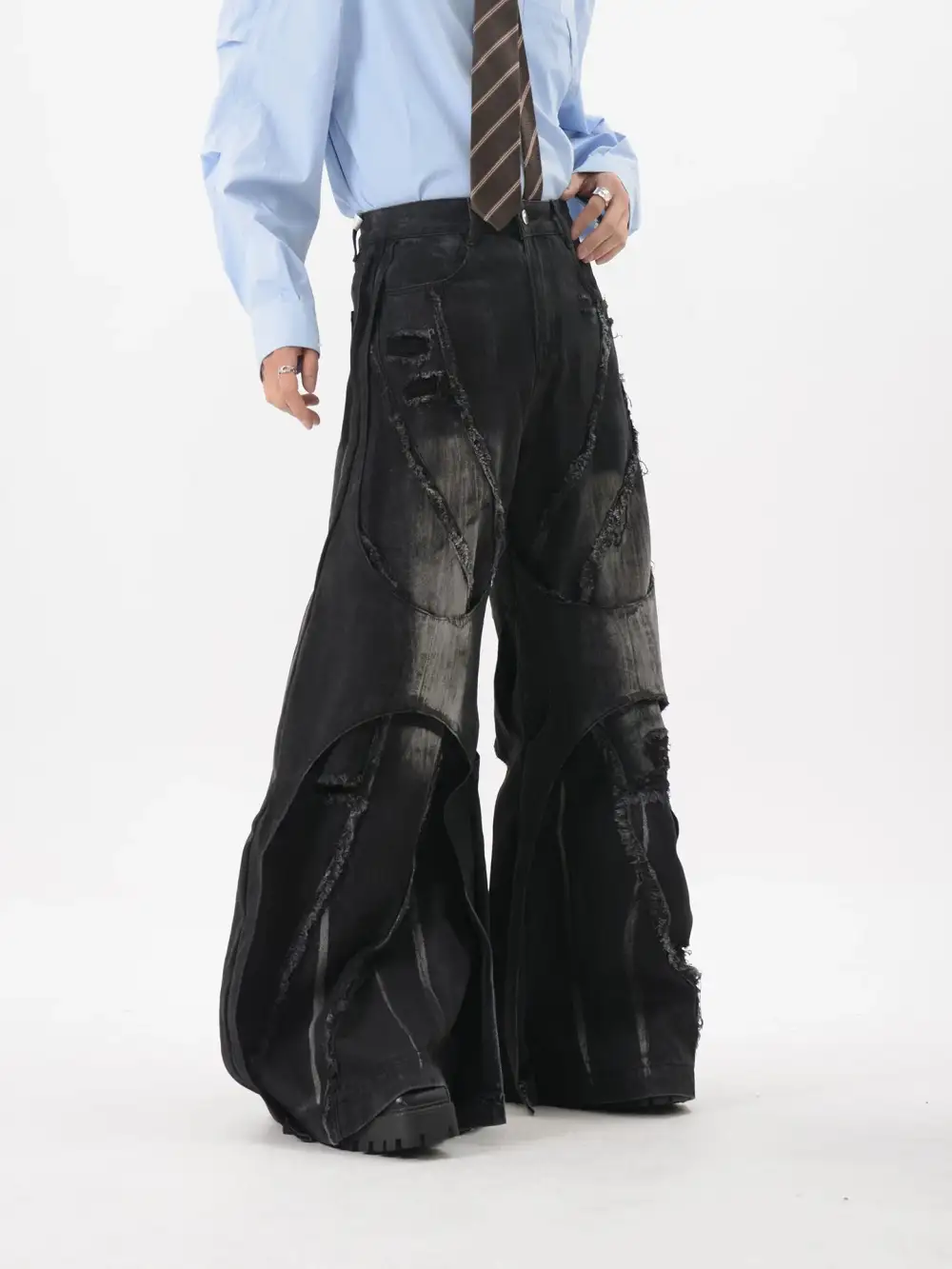 Deconstructed Curved-Panel Wide-Leg Jeans