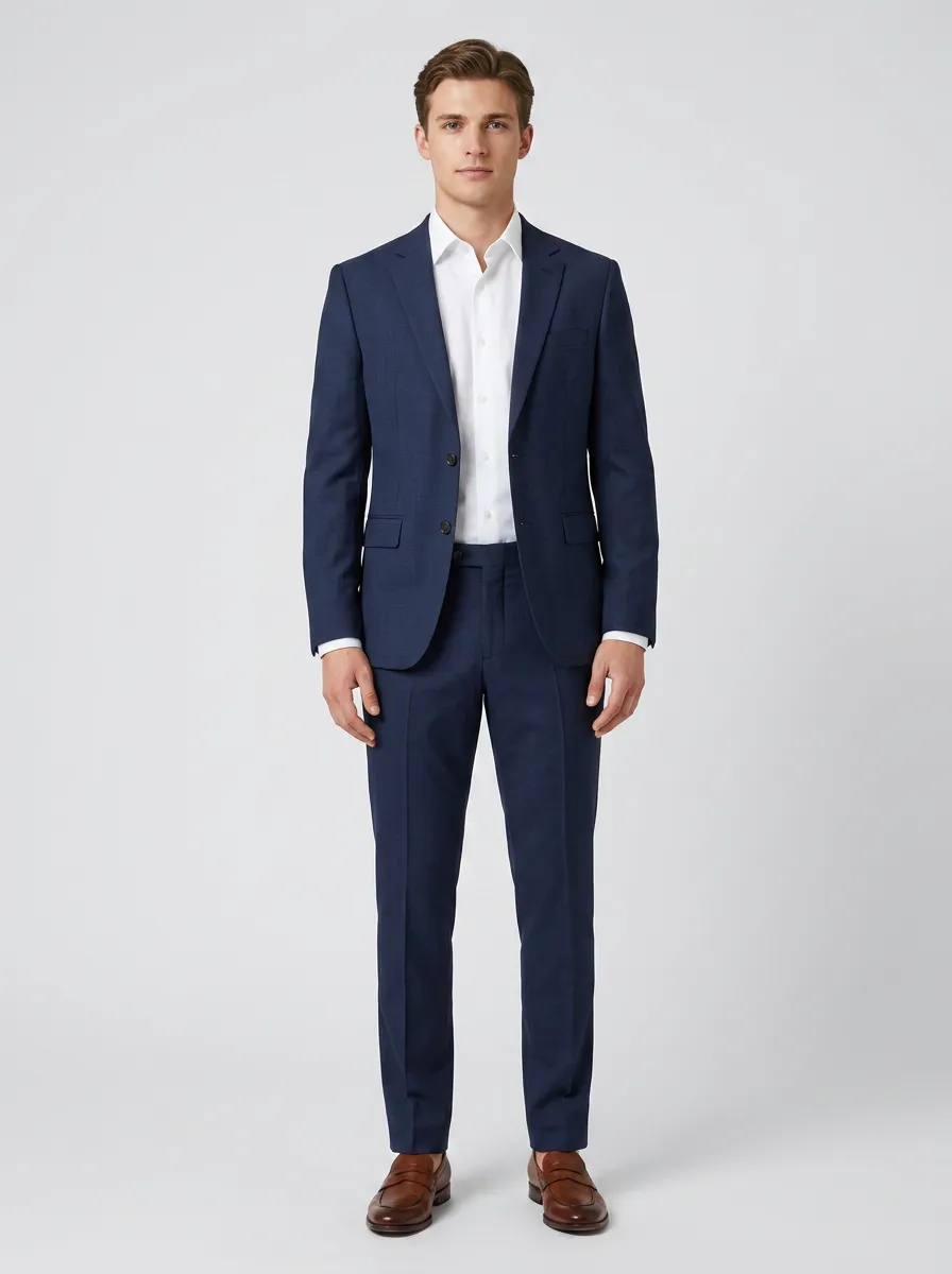 Men's Structured Fit Business Formal Navy Blue Solid Color Suit Set