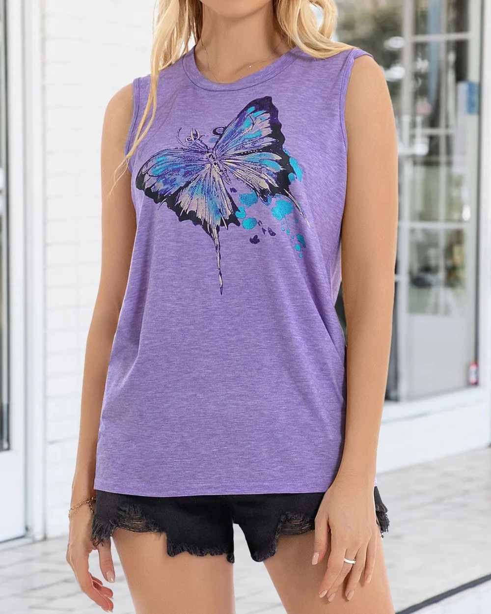Blue-purple Butterfly Print Tank Top