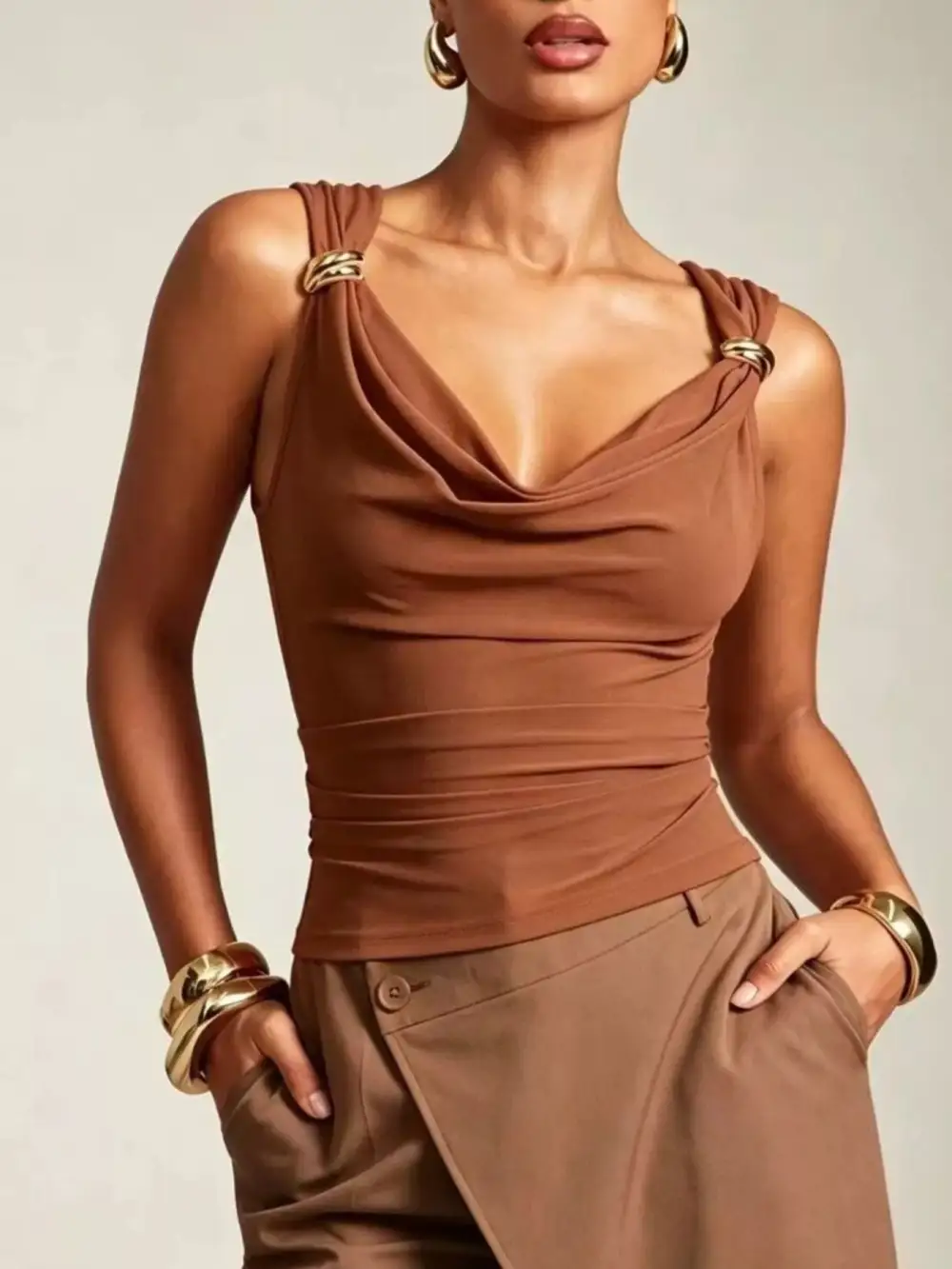 Cowl Neck Tank With Metal Ring Accents