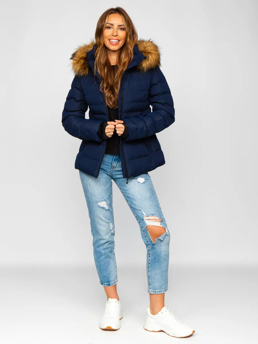 Dark blue women's quilted winter jacket with hood