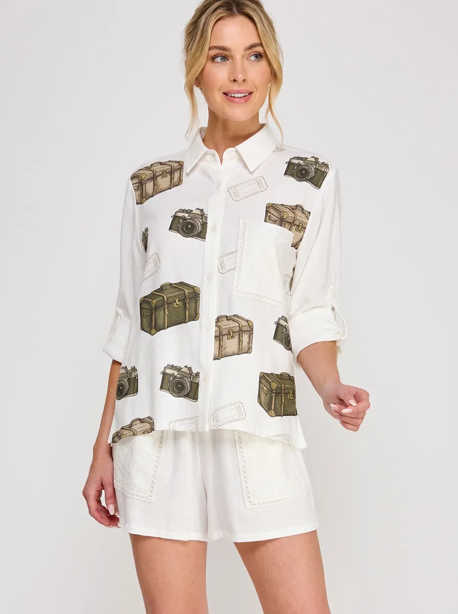 Women's Travel Lover Vintage Camera Suitcase Printed Button-up Shirt