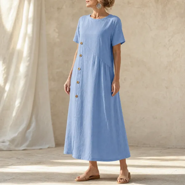 Button Front Linen Blend Cotton Blend Midi Dress