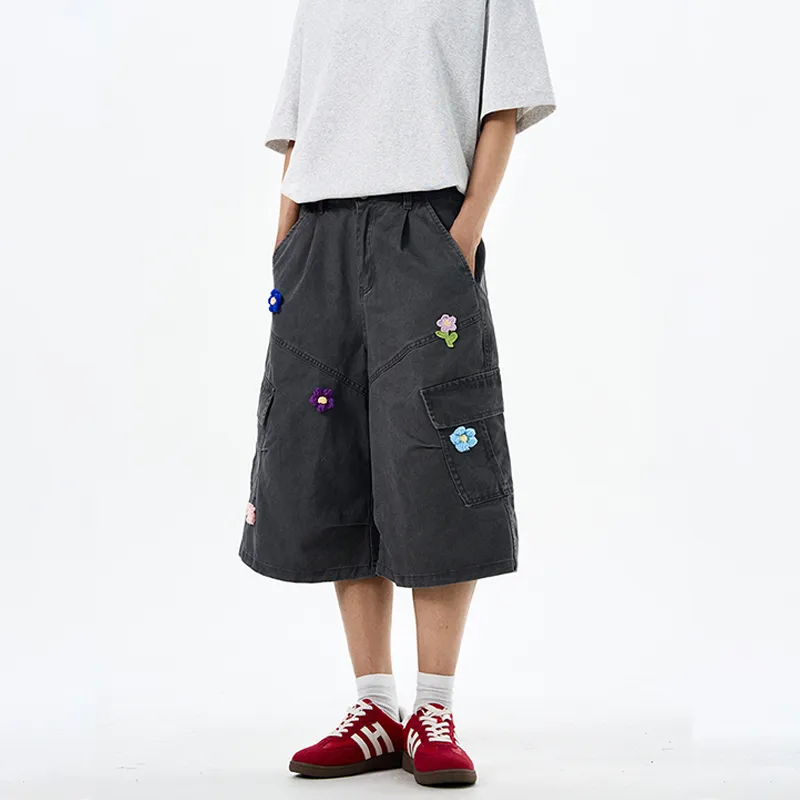 Embroidered Floral Multi Pocket Cargo Shorts