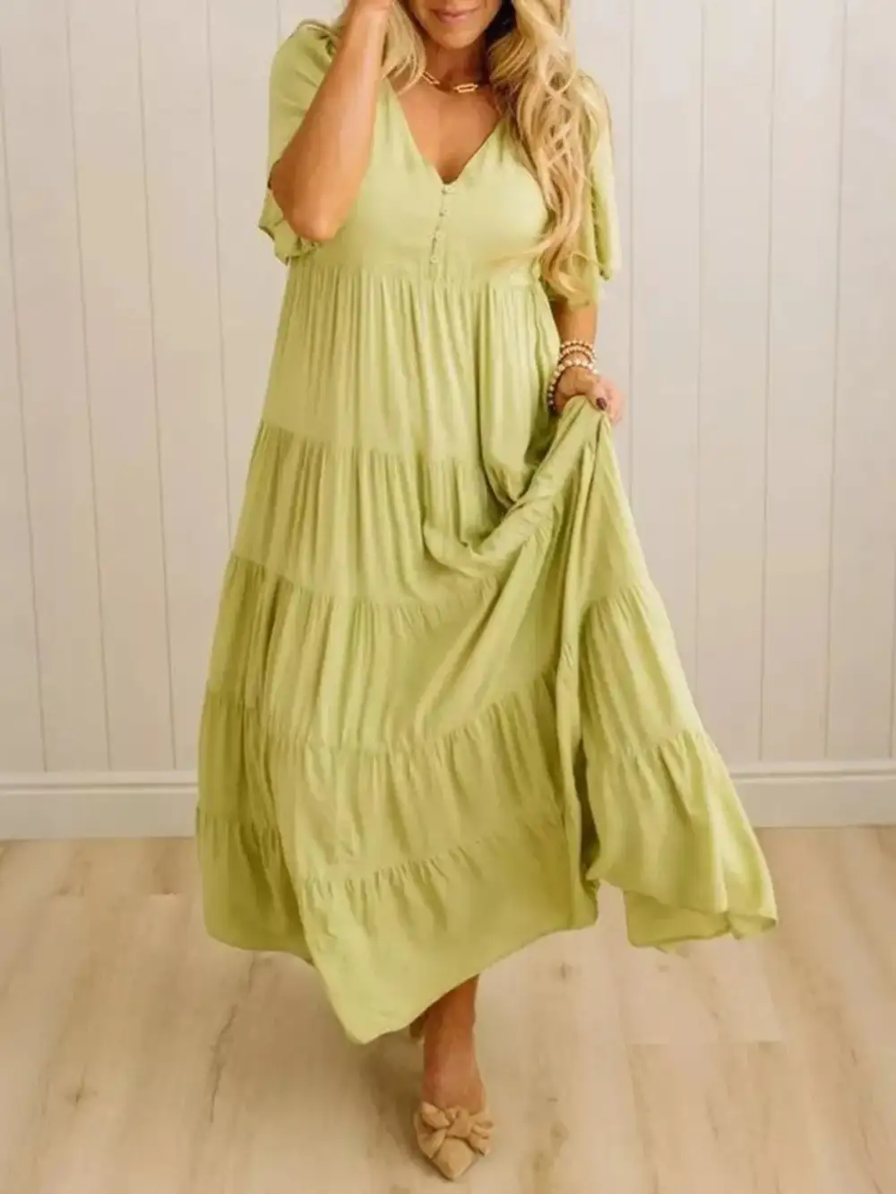 V Neck Tiered Midi Dress