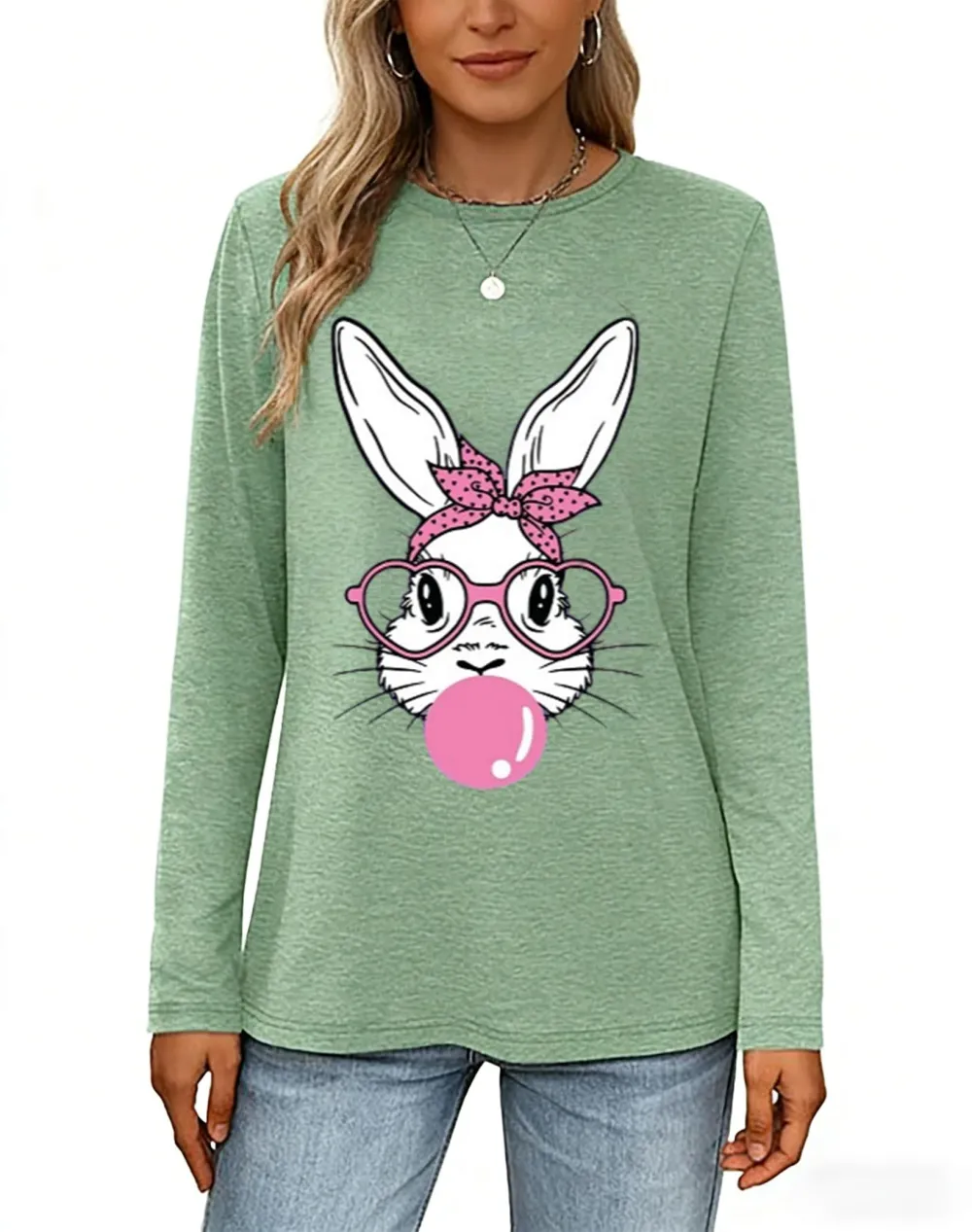 Bubble Rabbit Print Green Long Sleeve T-shirt