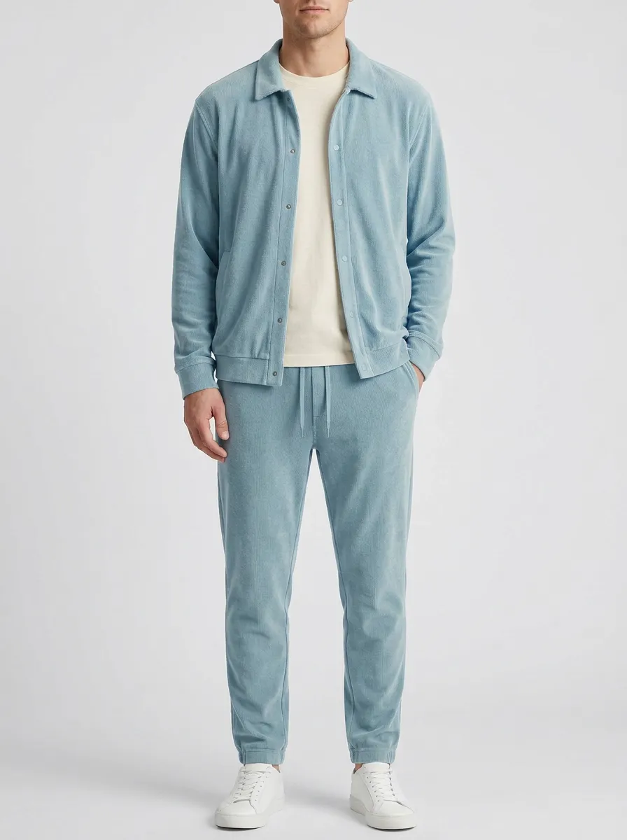 Men's Urban Textured Polo Collar Jacket and Jogger Pants Set