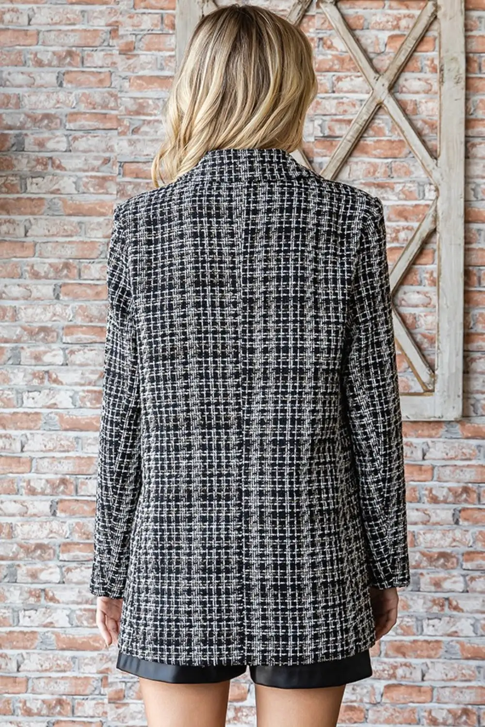 Single-Button Long-Sleeve Tweed Blazer