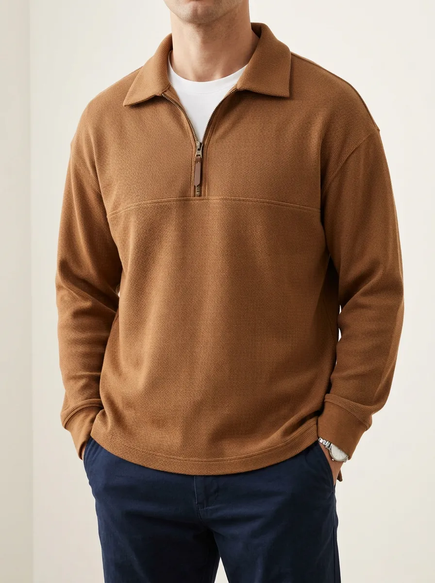 Classic Casual Waffle Knit Texture Quarter-Zip Pullover