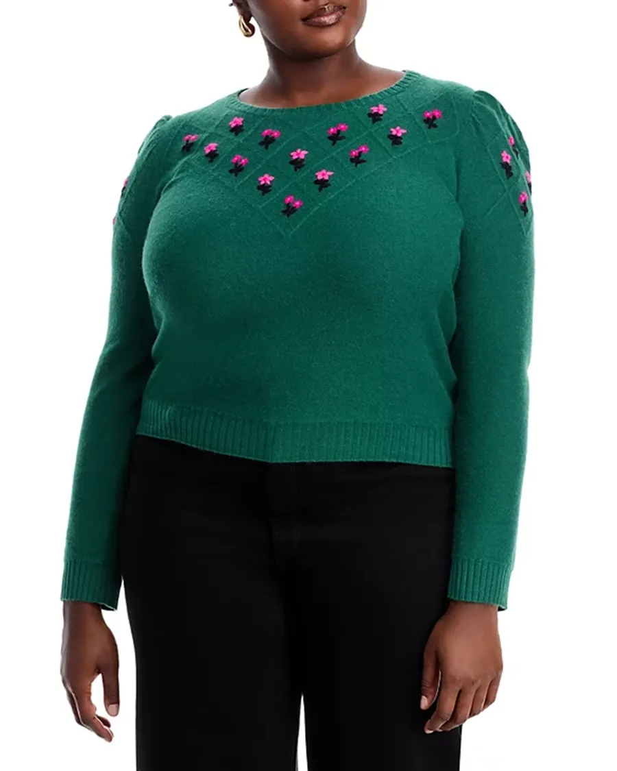 Puff Sleeve Embroidered Floral Cashmere Sweater