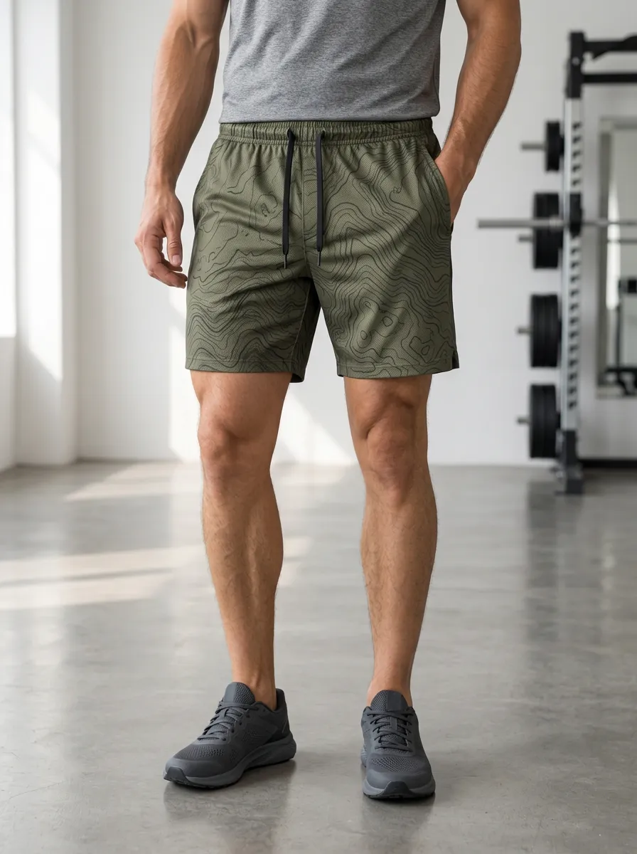 Men's Fitness Topographic Map Olive Printed Shorts