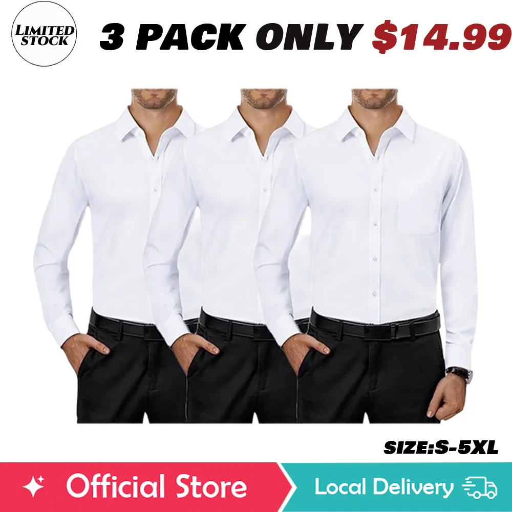 3/6-Pack Men'S Dress Shirts 4-Way Stretch Long Sleeve Collared Solid Wedding Dating Button Down Shirts Casual Breathable Outfits Menswear