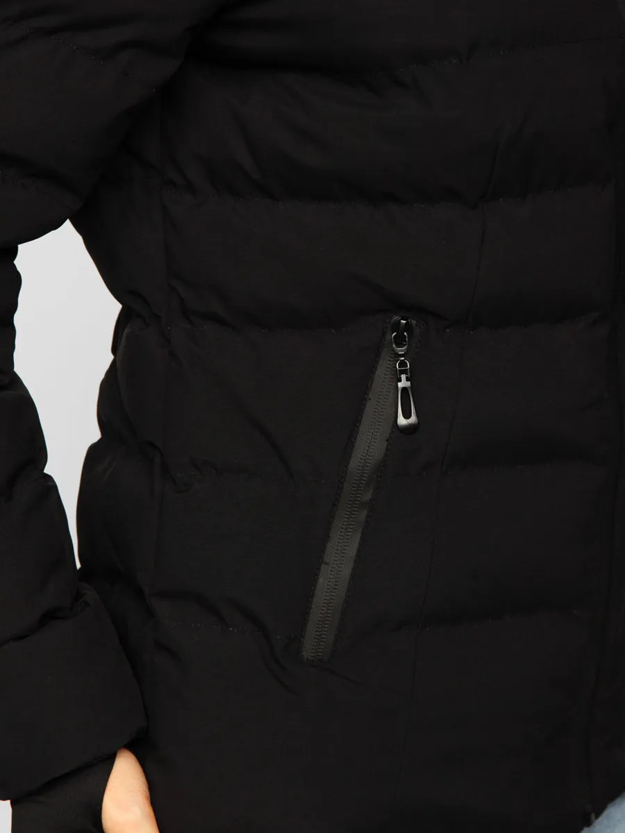 Black women's quilted winter jacket with hood