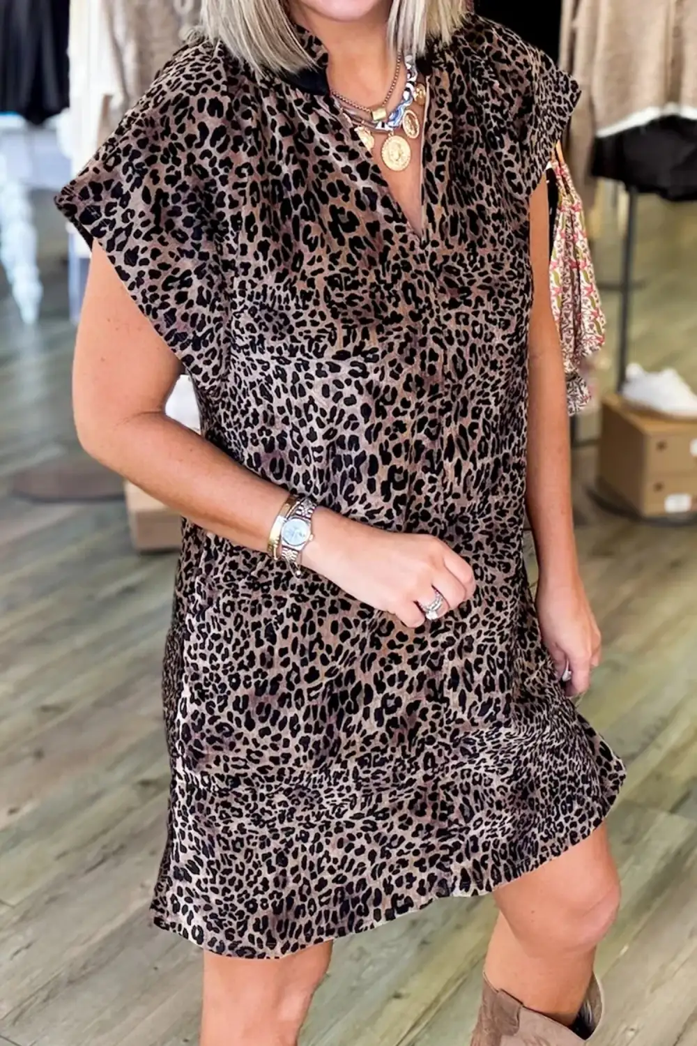 Leopard Print Short Sleeve Mini Shift Silhouette Dress