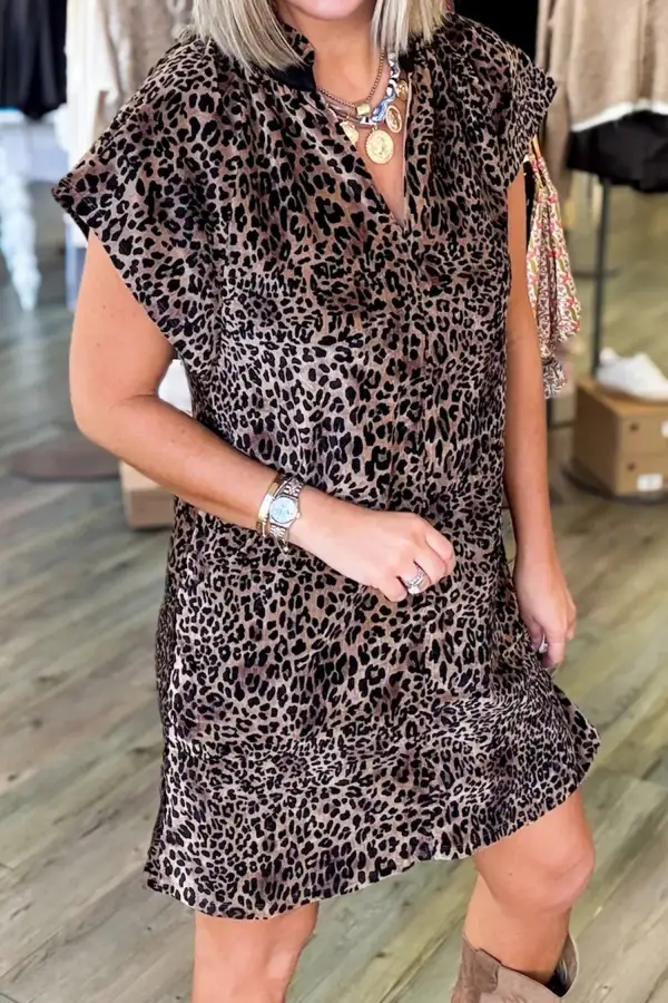 Leopard Print Short Sleeve Mini Shift Silhouette Dress