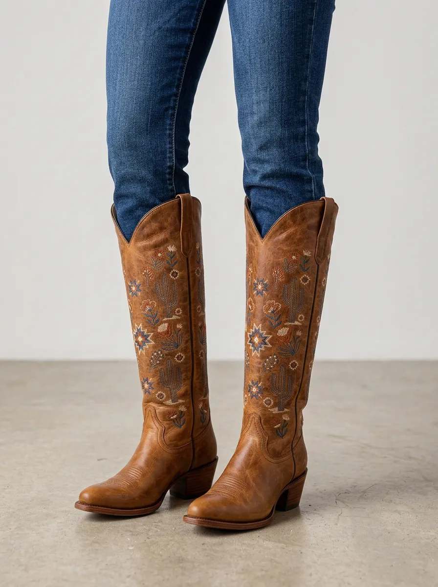 Women's Cactus Floral Embroidered Almond-Toe Block-Heel Stacked-Heel Western Denim Over-the-Knee Boots