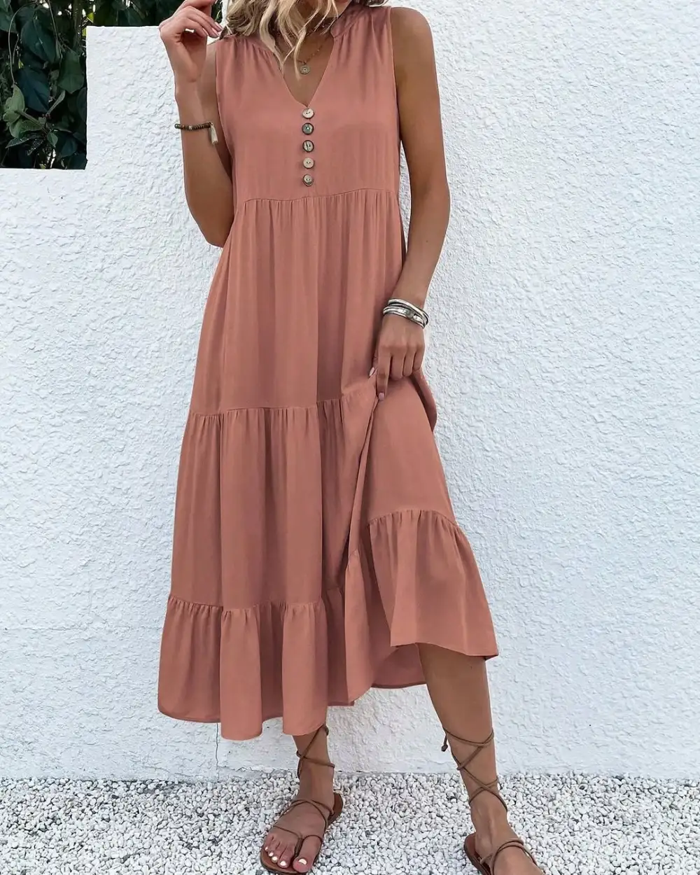 12PACK-Contrast Color Cotton And Linen Casual Dress