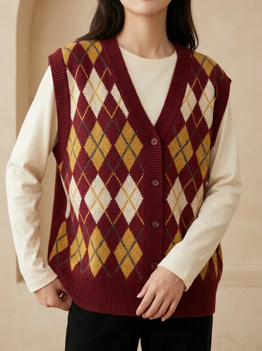 Preppy Argyle Button Textured Sweater Vest