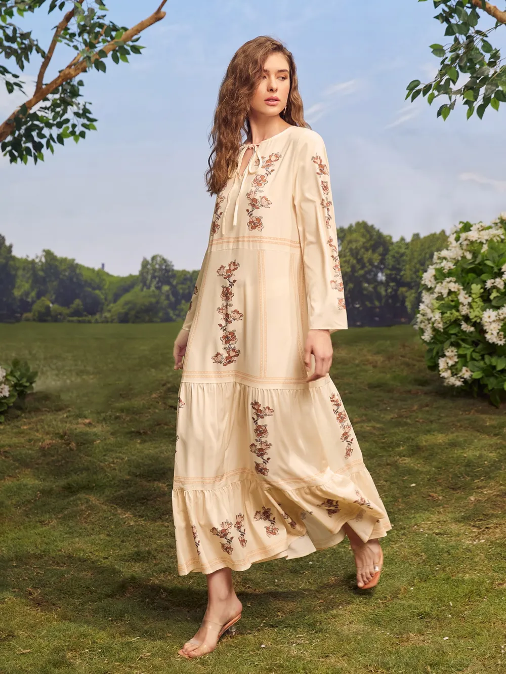 Tie Neck Floral Print Smock Dress