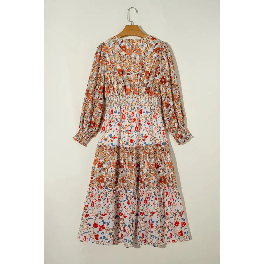 Full Size V-Neck Lantern Sleeve Midi Dress